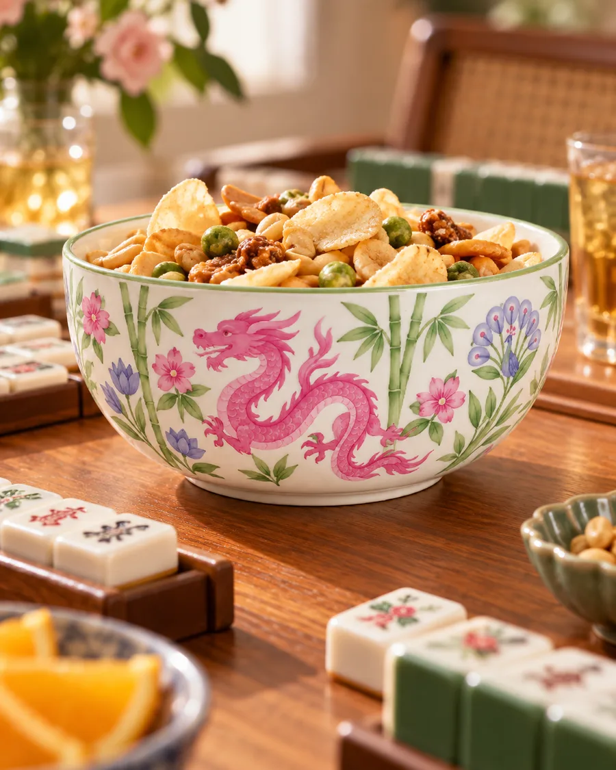 The Pink Dragon Serving Bowl filled with snacks on a mahjong table