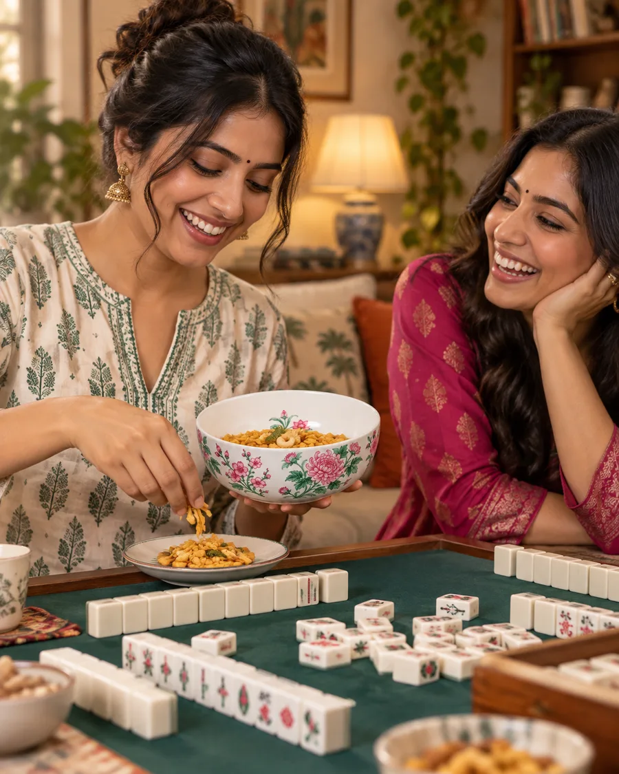 Friends sharing namkeen from the Seasonal Floral bowl